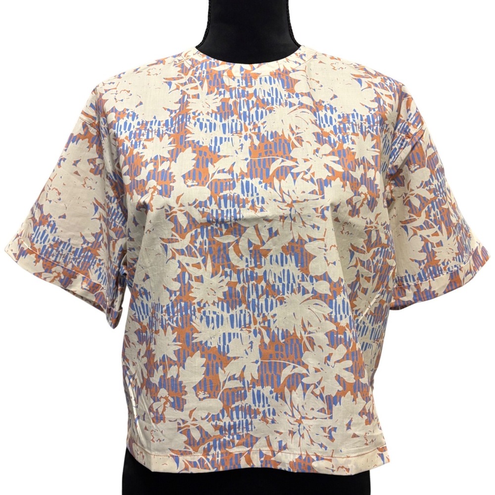 Wildfang Essential Boxy Top SM Cream Blue Orange Floral Abstract Cotton Coastal